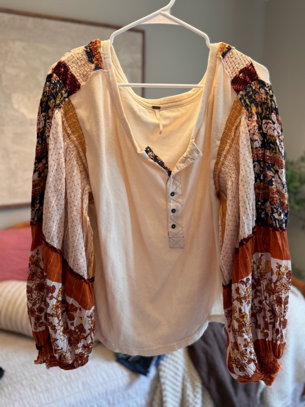 Free People Cream Henley Top with Rust, Mustard & Floral Patchwork Sleeves